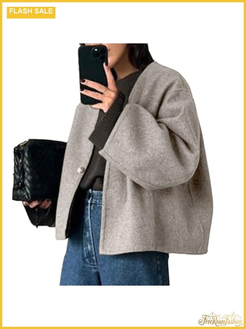 Wool Blend Cropped Peacoat Long Sleeve Casual Jacket